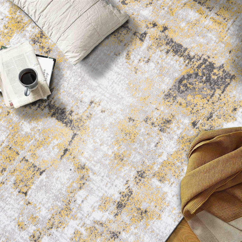 Stelia Abstract Gray/Yellow/Ivory Area Rug, Runner 2' x 7'