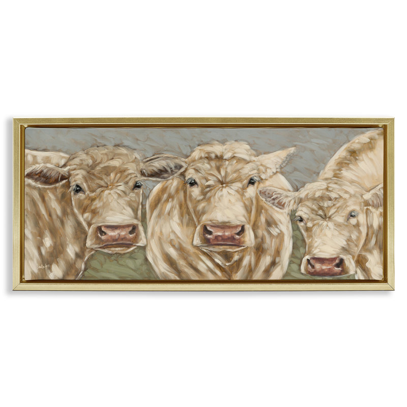 "Beige Cow Trio", art mural sur toile flottante par Sara G. Designs, Cadre flottant métallique doré, H 14 po x l 31 po