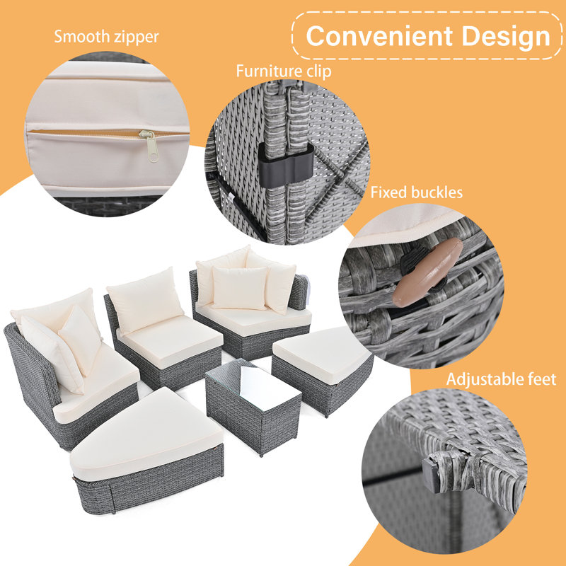6-Piece Outdoor Wicker Sofa Set With Coffee Table, White/Black