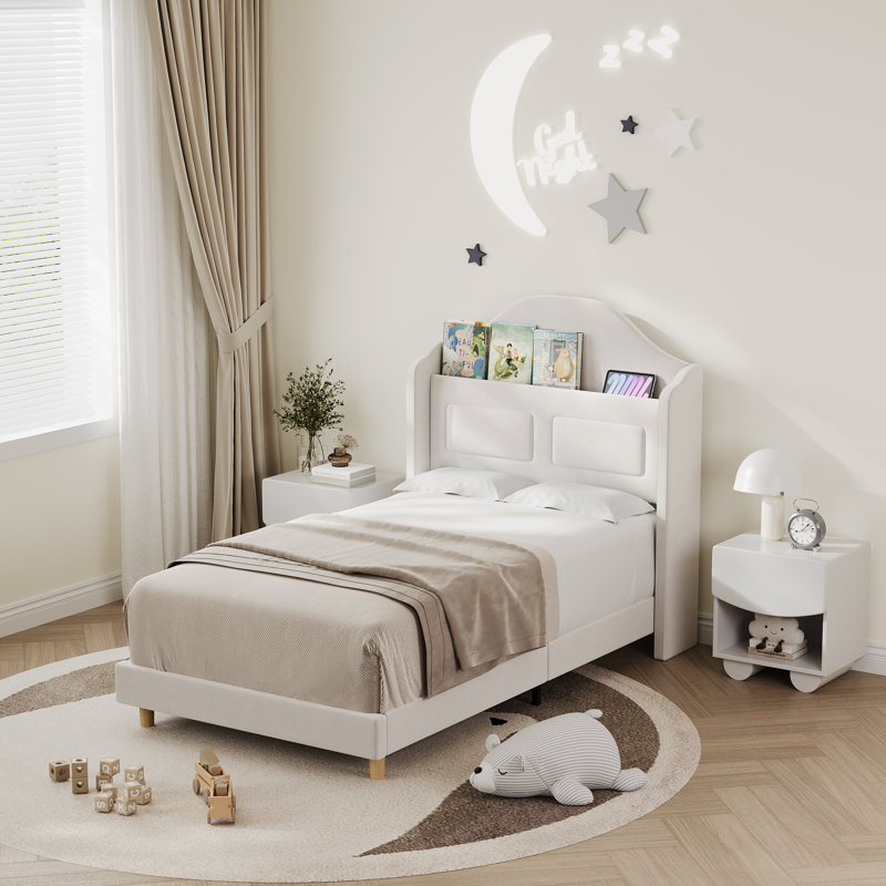 Twin Velvet Upholstered Platform Bed with LED Lights, Wingback Storage Headboard and Wood Slat Support, Beige