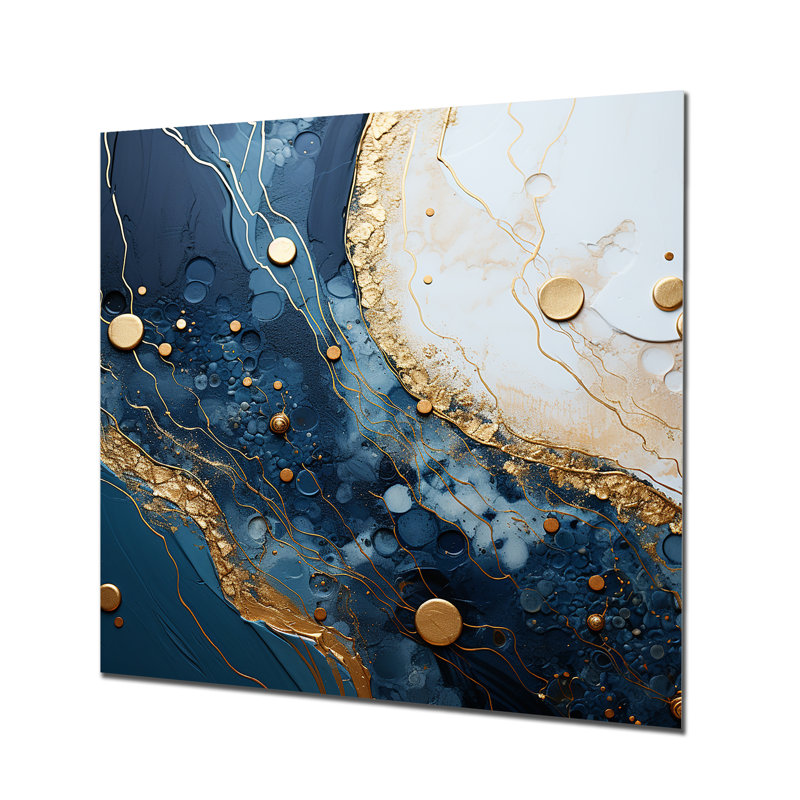 Art mural doré et bleu Geode Art I - encre liquide, H 16 po x l 16 po