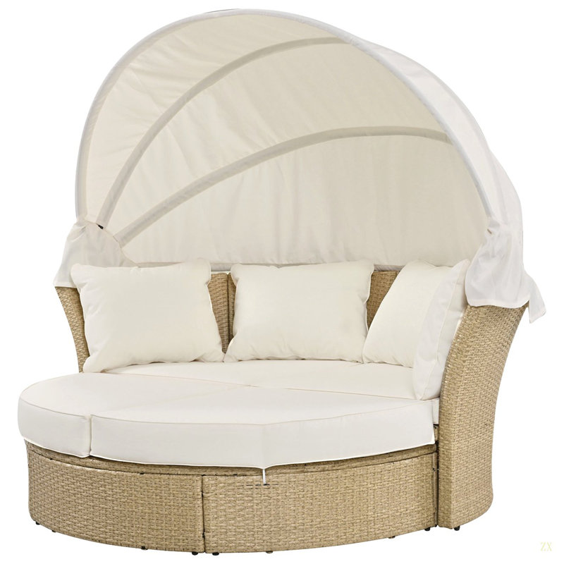 Outdoor Patio Daybed Wicker Rattan Double Daybed Round Sofa Furniture Set With Retractable Canopy, 4 Pillows For Lawn Garden Backyard Porch Pool