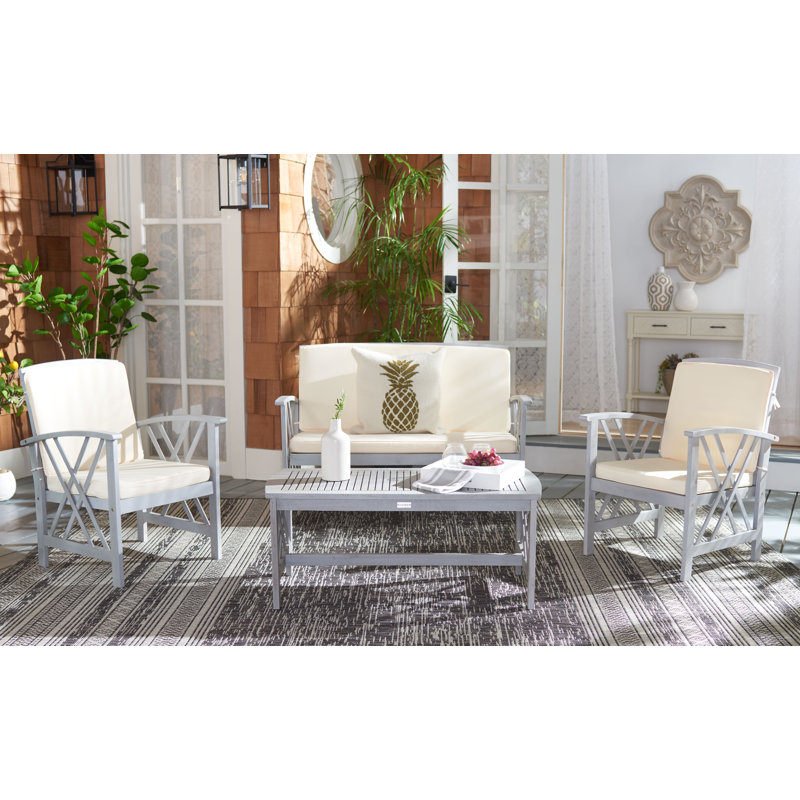 Calhoun 4-Person Solid Wood Patio Seating Group, Gray Frame/Beige Cushion