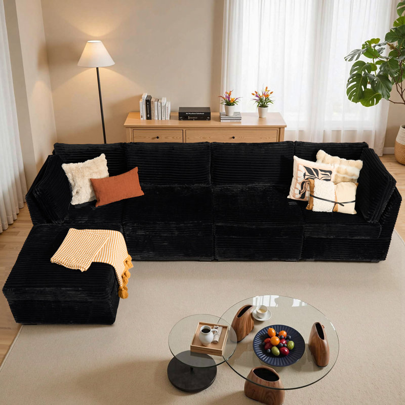 5 - Piece Modular Upholstery Sectional Sofa, Black Polyester
