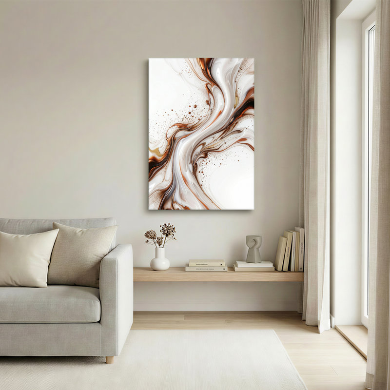 Art abstrait sur toile abstraite tourbillonnante, bronze, blanc, moucheté, fluide, H 24 po x l 16 po