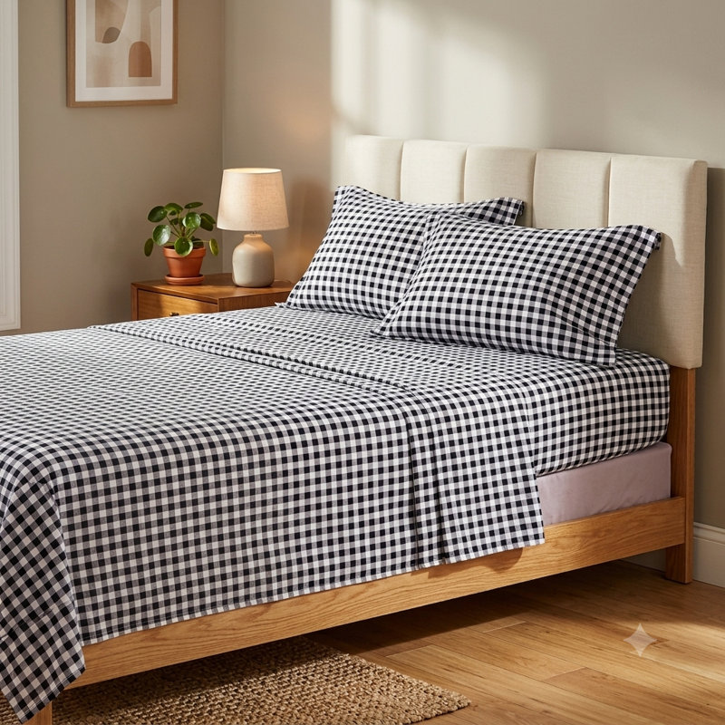 Hepburn 100% Cotton Twill Plaid Sheet Set, King Sheet Set + Fitted Sheet + 2 Pillowcases