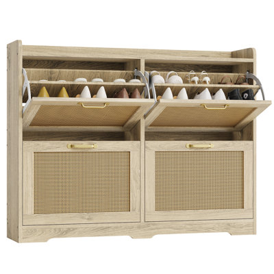 41 inch Yellow Rattan Entryway Shoe Storage Cabinet 4 turn Drawers Adjustable Shelves Hidden Shoe Organizer with Metal Handles Hallway Bedroom