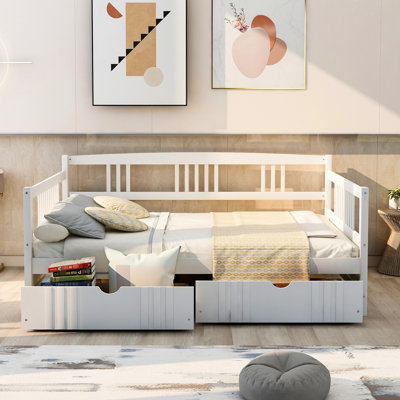 Lit de jour pleine grandeur avec deux tiroirs en blanc - construction, élément peu encombrant, article multifonctionnel, manuel d'installation facile, articles de qualité