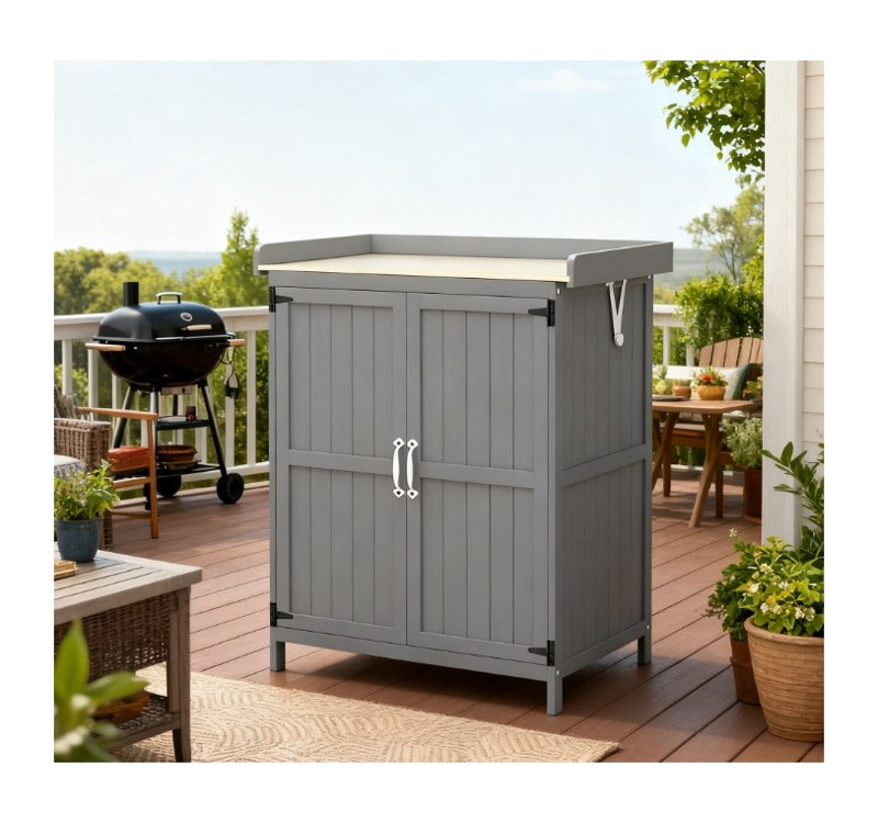 Banc de rempotage en bois gris avec armoire de rangement et accents en acier inoxydable