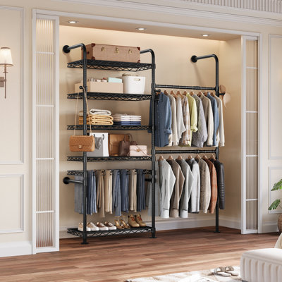 Closet Organizers Wall Mounted Closet System, 2-Row Heavy Duty Garment Clothes Rack, Industrial Pipe Clothing Rack with 2 Telescopic Rods, 3 Hooks, 5 Shelves & 1 Pants Hanger for Bedroom Wardrobe