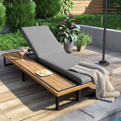 Outdoor Acacia Wood Chaise Lounge with 5-Position Adjustable Backrest, Reclining with Cushion