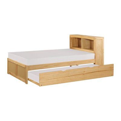 Twin Platform Bed With Trundle And Bookcase Headboard, Natural Pine Wood, Modern Style, Pull-Out Trundle, No Foundation, 8-Inch Mattress Headboard Finish, Youth Bedroom, , Sleep Space Maximization