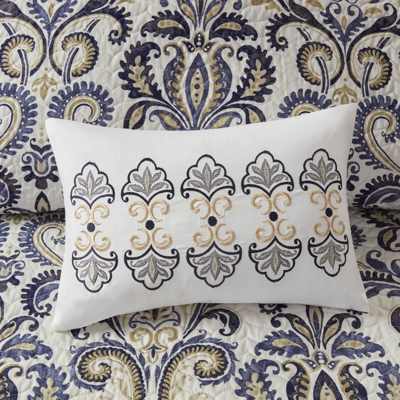 Courtepointe réversible avec coussins, bleu marine / brun clair / grand. Mise à jour de la courtepointe à motif cachemire 100% microfibre. Revers beige. 1 2 taies décoratives, 3 coussins décoratifs. Lavable à la machine, bleu marine / brun clair, motif, surpiqué.