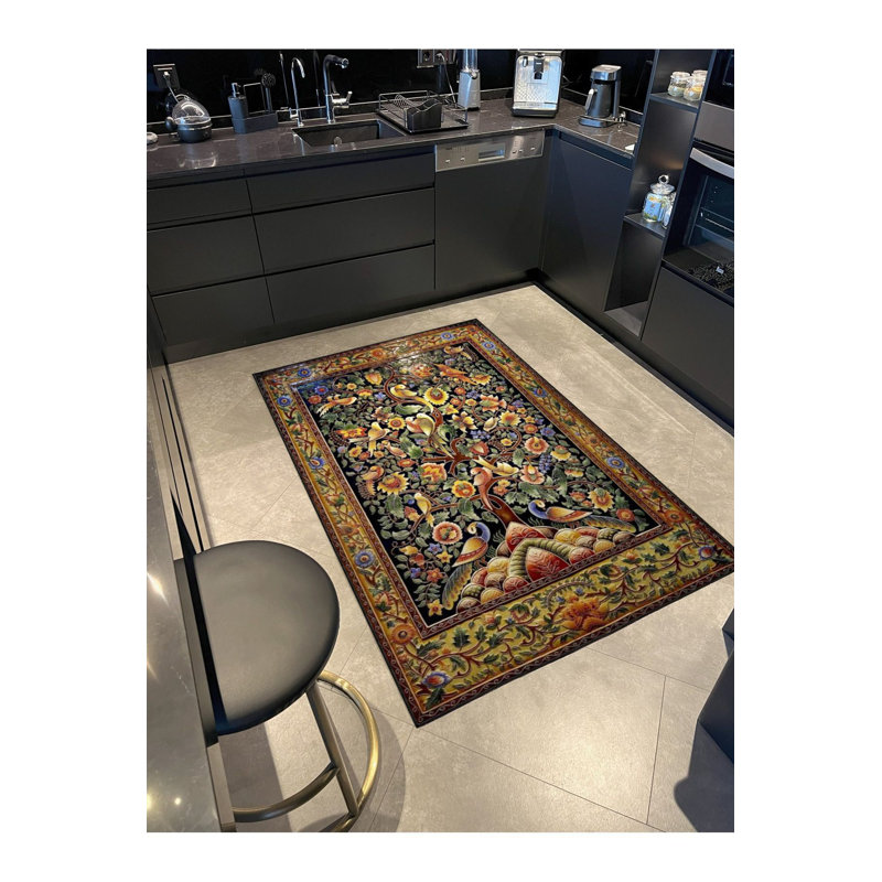 Framed Mixed Colorful Birds and Leaves Pattern Modern Decorative Machine Washable Area Rug, Runner 3'3" x 6'7"