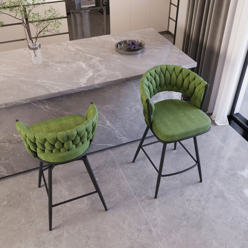 26" Bar Chair Linen Woven Bar Stool Set Of 2,Black Legs Barstools No Adjustable Kitchen Island Chairs,360 Swivel Bar Stools Upholstered Bar Chair Counter Stool Arm Chairs With Back Footrest (Green)