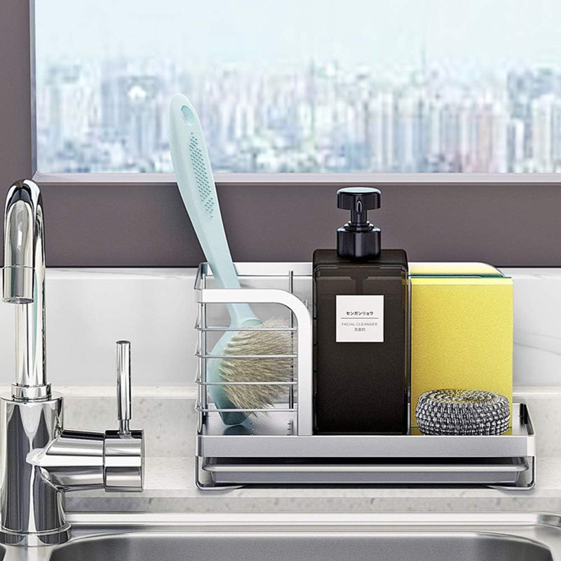 Organisateur de comptoir de cuisine - Porte-éponge, savon et brosse en acier inoxydable pour évier