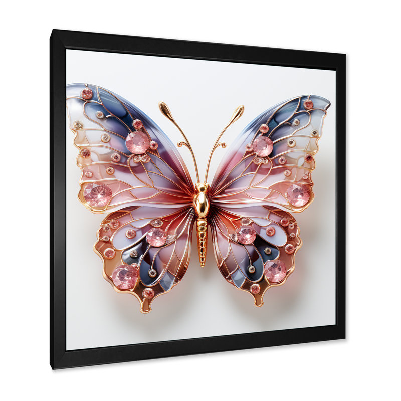 «Blue and Pink Crystal Butterfly II», art mural papillon, Cadre simple noir, H 16 po x l 16 po x P 1 po