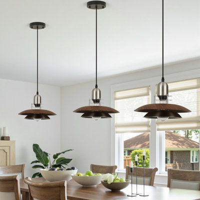 Ensemble de 3 luminaires suspendus à une lumière, imitation bois et métal noir, pour îlot de cuisine, luminaires suspendus réglables pour salle à manger et cuisine.