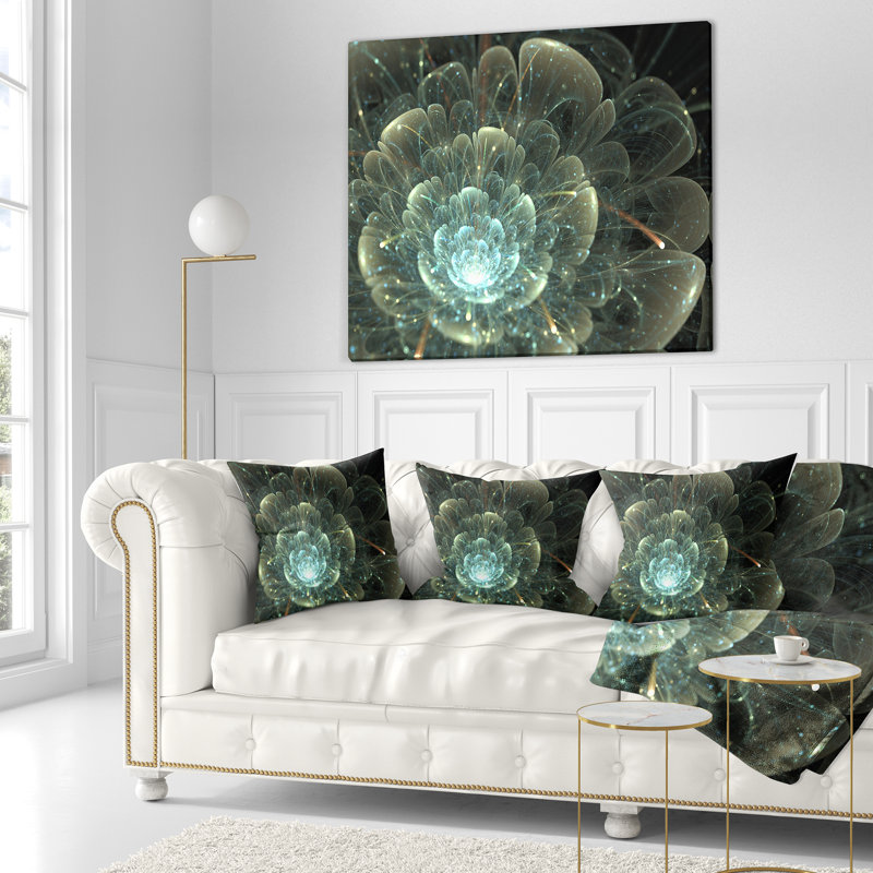Fleur fractale bleue et grise - coussin à imprimé floral, 16 po x 1 po, Coussin décoratif