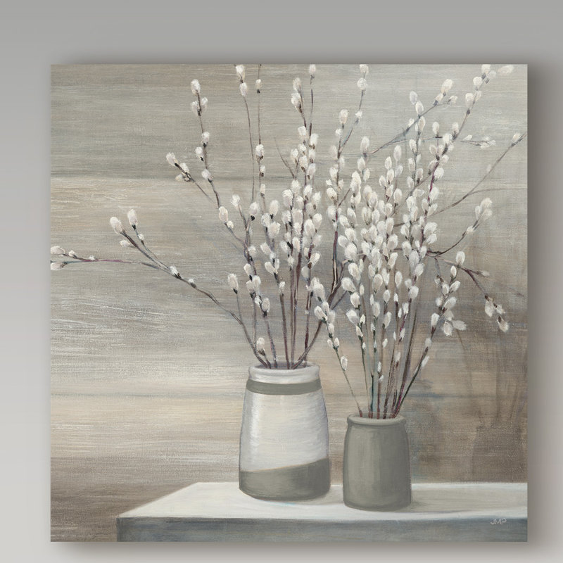 Art mural sur toile tendue - Julia Pinton Willow Still Life Grey Pots Crop, art mural pour le salon, la chambre à coucher ou le bureau - 18 x 18