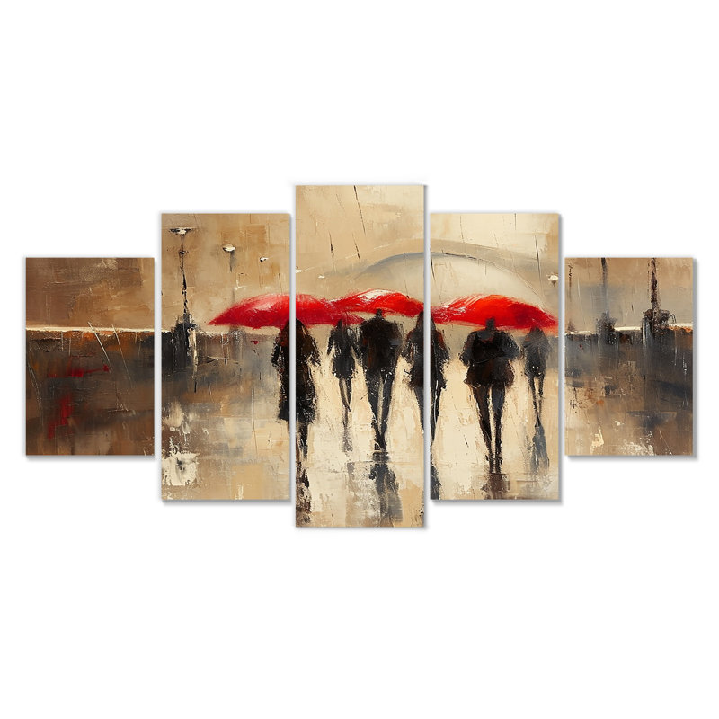 «The Red Umbrellas Rainy Day Bridge Over Seine I - City Paris, art mural sur toile 5 pièces, H 32 po x l 60 po