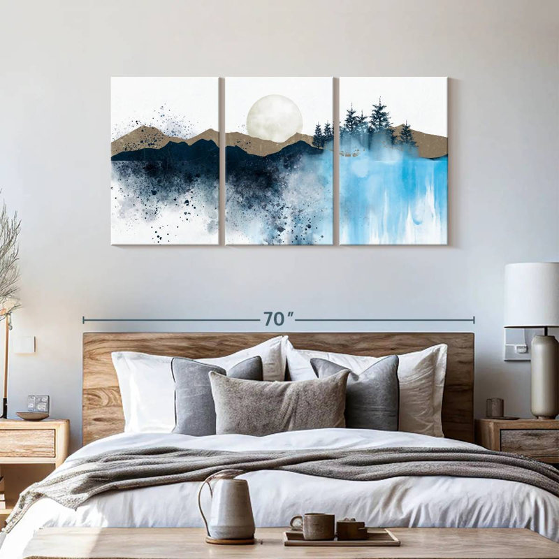 «Abstract Landscape Pine Trees Mountain», ensemble de 3 pièces sur toile par Cindy C, H 30 po x l 62 po x P 1,25 po