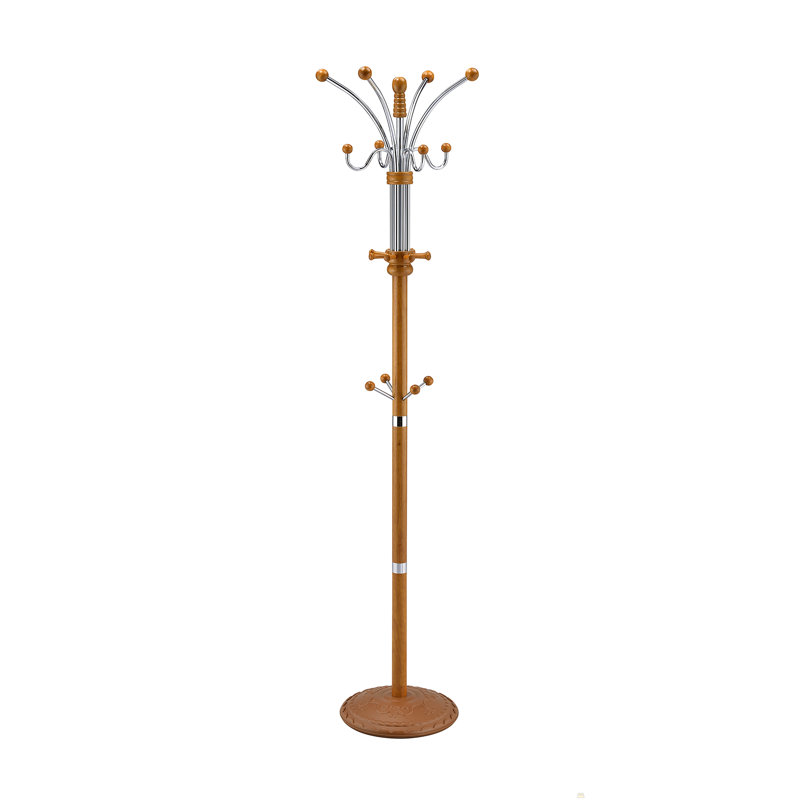 73" Tall Chrome and Wood Coat Rack, Oak finish