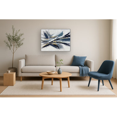 Toile abstraite dorée sur toile minuit - 35 po x 47 po - cadre argenté