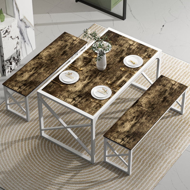 Dark Brown 3-Piece Dining Table Set With Benches – Kitchen, Small Space, Farmhouse, 30" H x 31.5" W x 55" D