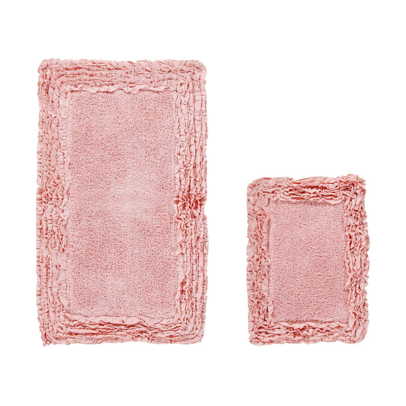 Ensemble de tapis de bain 100% coton 1775 g / m² 2 pièces Courson, certifié OEKO-TEX®, envers en latex antidérapant, motif de volants touffetés moelleux, super absorbant, tapis de salle de bain lavables à la machine, rose