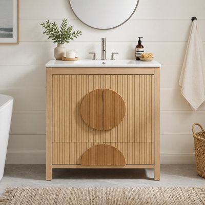 30 Inch Fluted Bathroom Vanity with Integrated Sink, Freestanding Modern Vanity Cabinet with Soft-Close Drawer, Solid Wood & MDF Moisture-Proof Bathroom Storage Cabinet