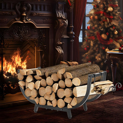 Support à bûches incurvé pour l'extérieur en acier renforcé de 30 po pouvant contenir un cordon de bois de chauffage de 1/8 po pour les patios et les petits espaces (noir)