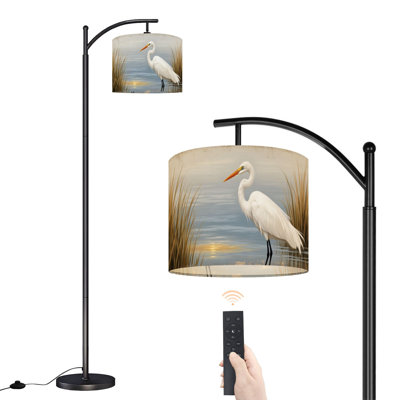 Lampe sur pied à arc avec abat-jour réglable Héron côtier, oiseau de mer, bleu, mer, paysage marin, plage, sur pied, bord de mer, 3 couleurs, intensité variable, grand mât avec interrupteur au pied pour la chambre à coucher
