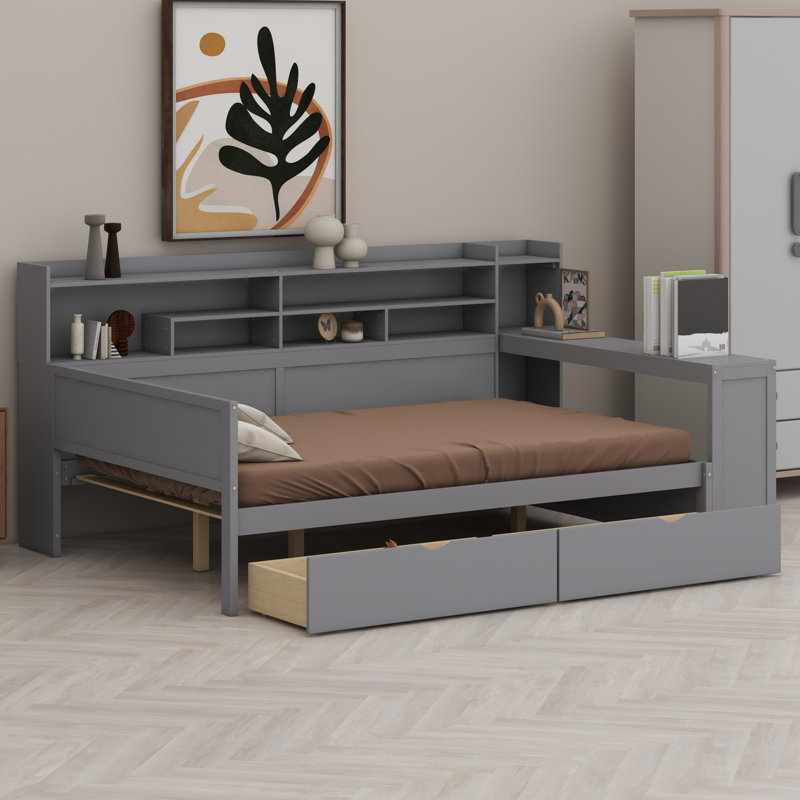 Lit de jour en bois avec tablettes de rangement, lit multifonctionnel avec deux tiroirs de rangement et bureau d'étude, Gris