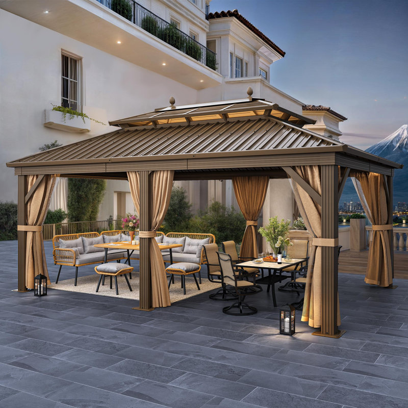 12ft x 18ft Outdoor Patio Hardtop Large Gazebo, Elegant Pavilion Canopy, Doouble Roof Design with Mesh Netting, Polyester Curtains Suitable in Any Weather and Seasons