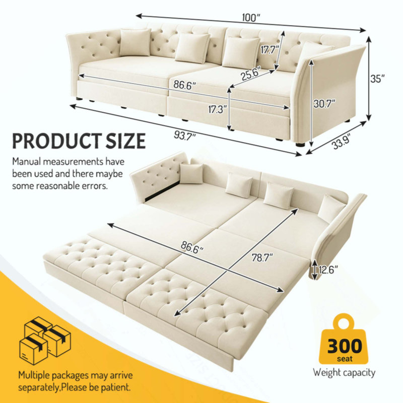 " Velvet Sleeper Sofa, 100" W, Beige + velours blanc