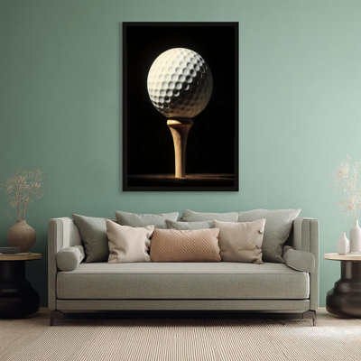 24" x 36" Black Framed Canvas Wall Art, Golf ball perched on a wooden tee,光影效果, Artistic rendering style. Print on Canvas for Living Room Bedroom