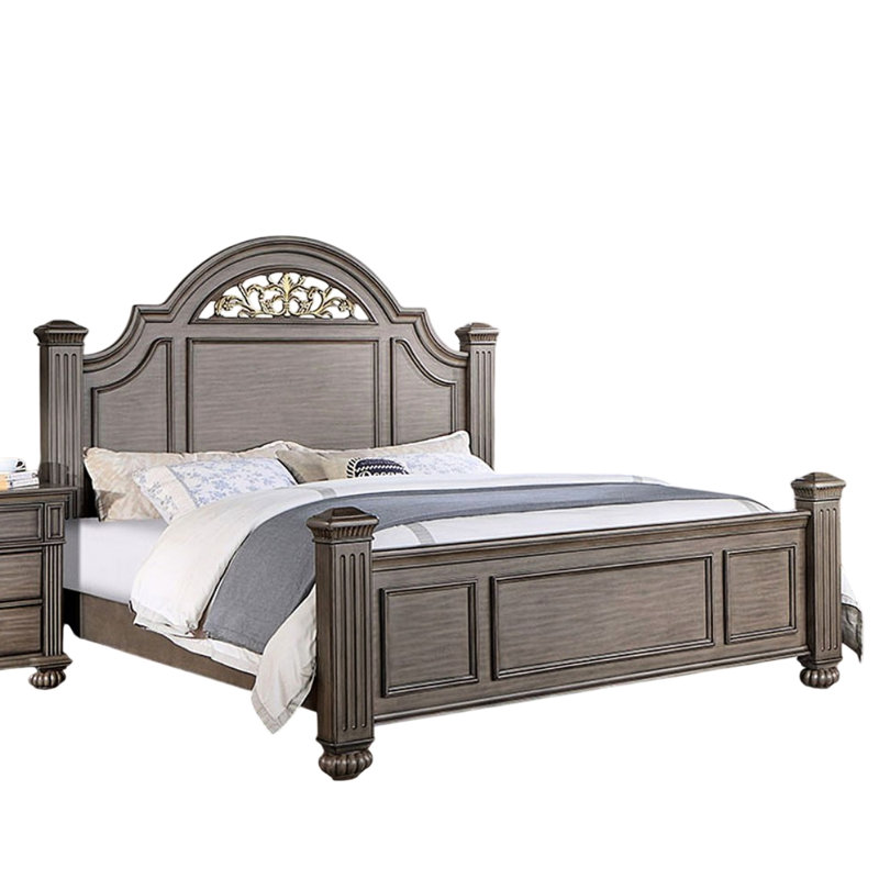 Grand lit contemporain gris, poteaux de lit cannelés, tête de lit à motif floral attrayant gris décontracté, tête de lit enchanteresse, bois massif
