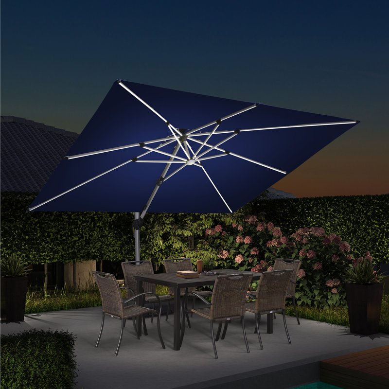 Cheverly 12' x 9' Rectangular Lighted Cantilever Umbrella With Base, Navy Blue