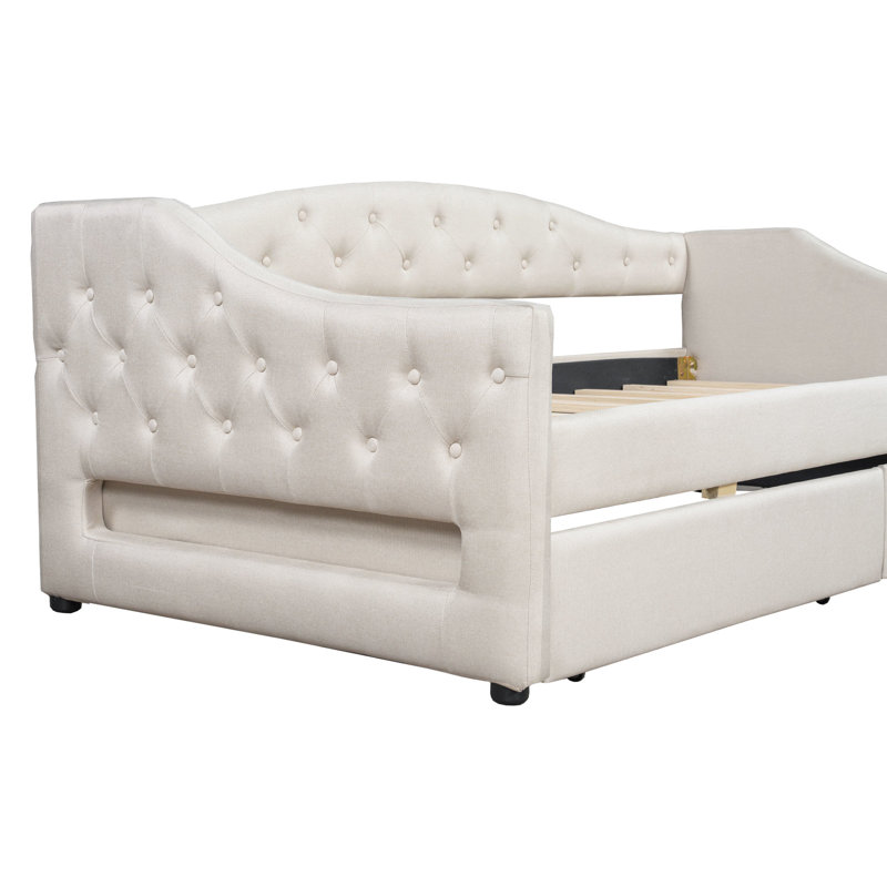 Beige Upholstered Twin Xl Daybed With Led Belt, 2 Drawers, And Frame For Rustic Home Linen Lighting, Wood Relaxing Bedroom