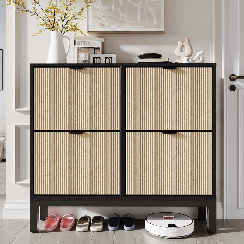 Shoe Storage Cabinet With 4 Flip Drawers, Farmhouse Fluted Shoe Organizer With Metal Legs, Black/Oak