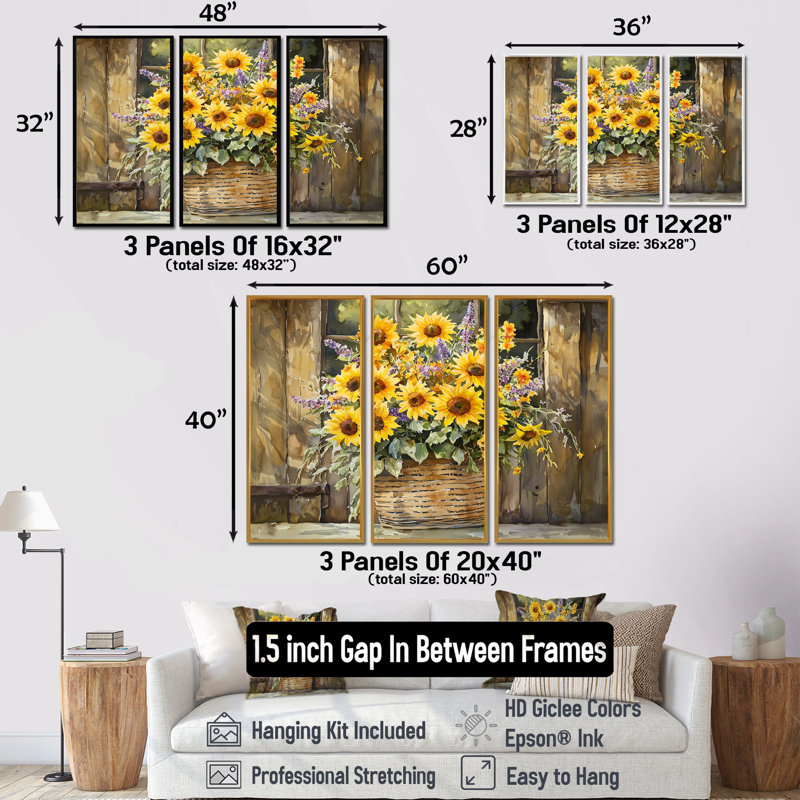 Bouquet de brise d'été à la grange - art mural tournesols - ensemble de 3, H 32 po x l 48 po, Noir