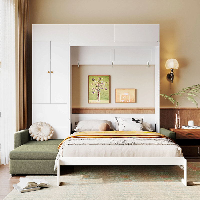 Grand lit escamotable mural avec canapé et tablettes, panneau vert, canapé beige, Blanc