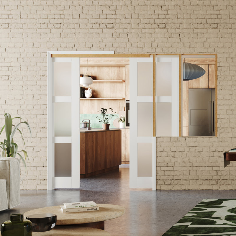 Porte coulissante avec porte coulissante et panneau de verre givré blanc, 60 po x 80 po, 2