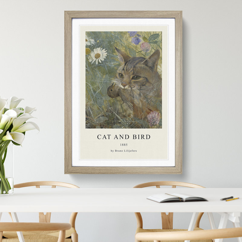 A Cat with a Bird in Its Mouth by Bruno Liljefors - Picture Frame Painting, Oak Framed, 36cm H x 27cm W x 2cm D