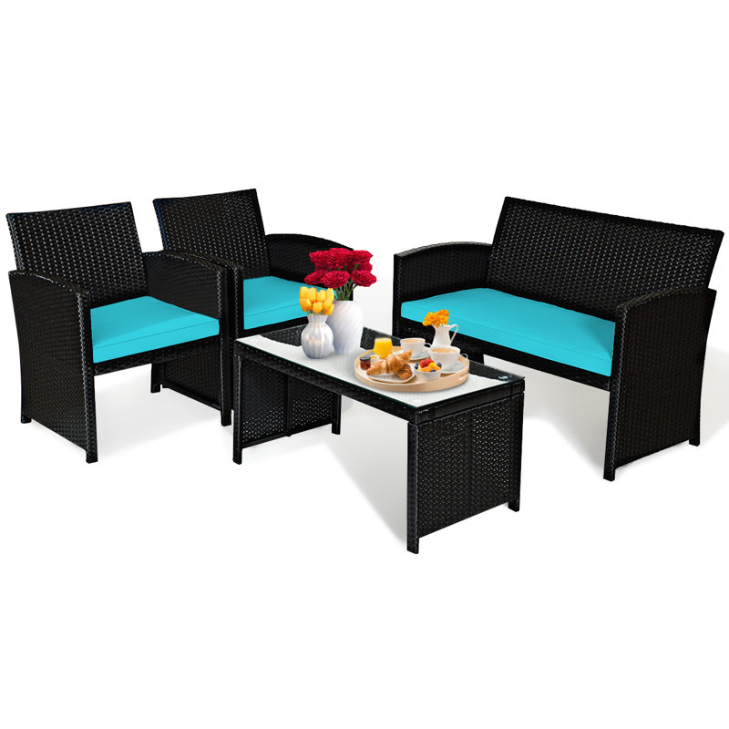 Chamille 4 - Person Patio Conversation Set, Turquoise