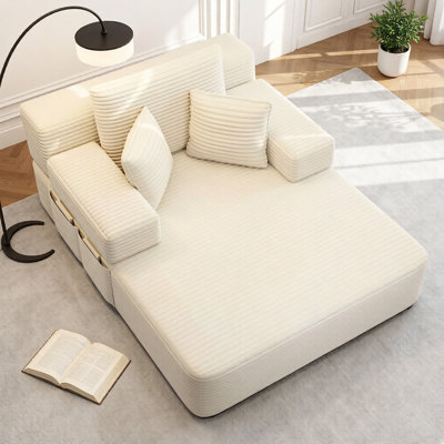 Oversized Corduroy Convertible Sofa Bed, 2‑in‑1 Chaise Lounge with Spring Cushion, Wide Armrests & Side Storage Pocket, No Assembly,White
