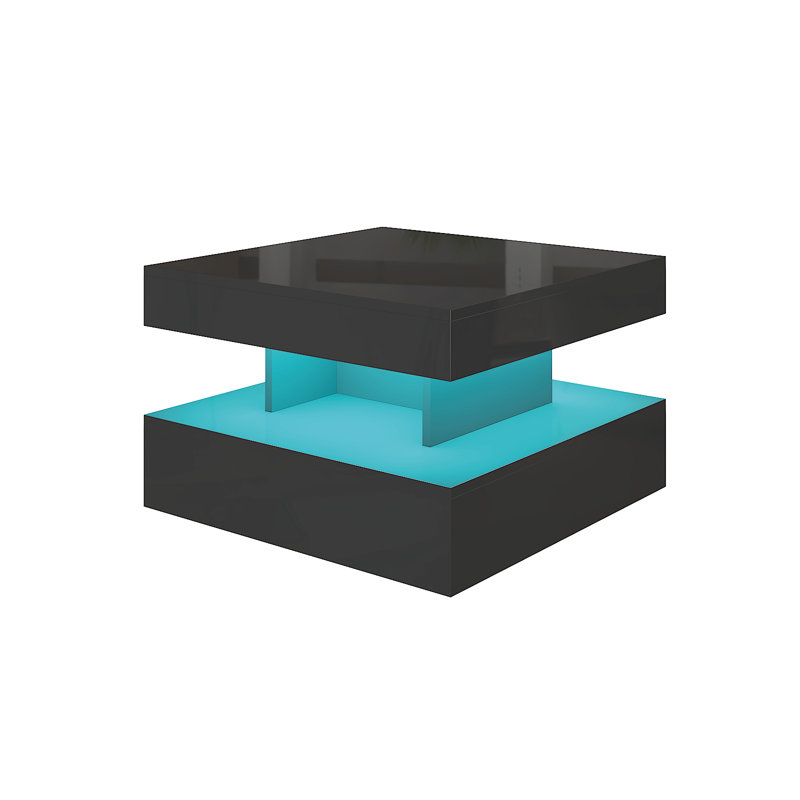 Square Coffee Table With Led Lights, 2 Tier Living Room Cocktail Table, 23.6"x 23.6"x 15.7", Black