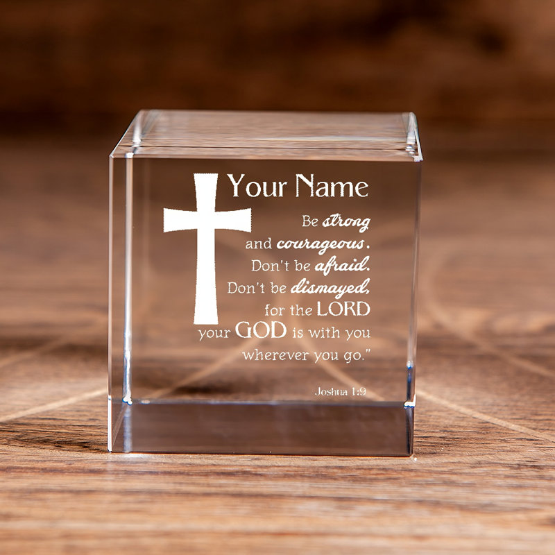 Jitender Personalized 3D Laser-Engraved Cross Square Crystal Cube with Name & Bible Verse - Joshua 1:9 - Inspirational Christian Gift