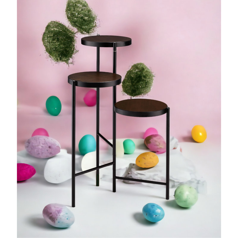 Support à fleurs noir avec 3 compartiments ouverts et une tablette en métal pliable